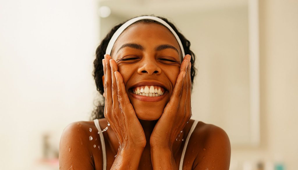Woman washing her face