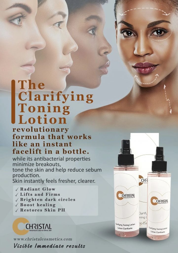 Skincare ad for Christal's Clarifying Toning Lotion, featuring diverse female faces, product benefits, and two bottles of the lotion